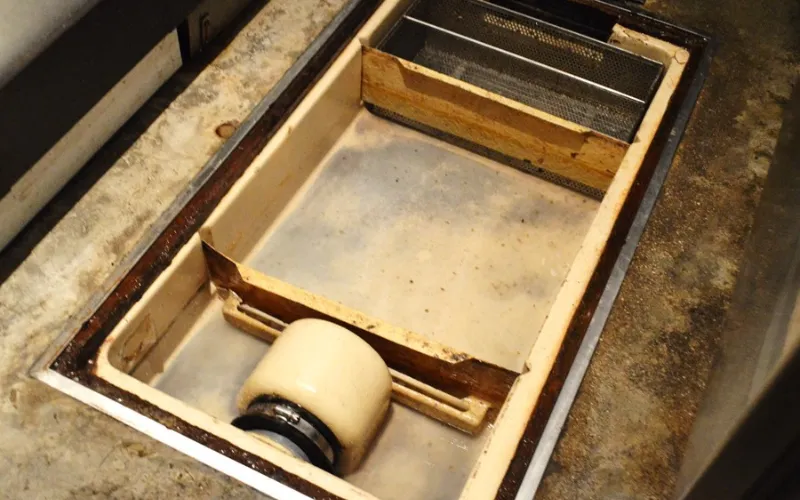 Grease trap cleaning: an open indoor grease trap with its baffles exposed